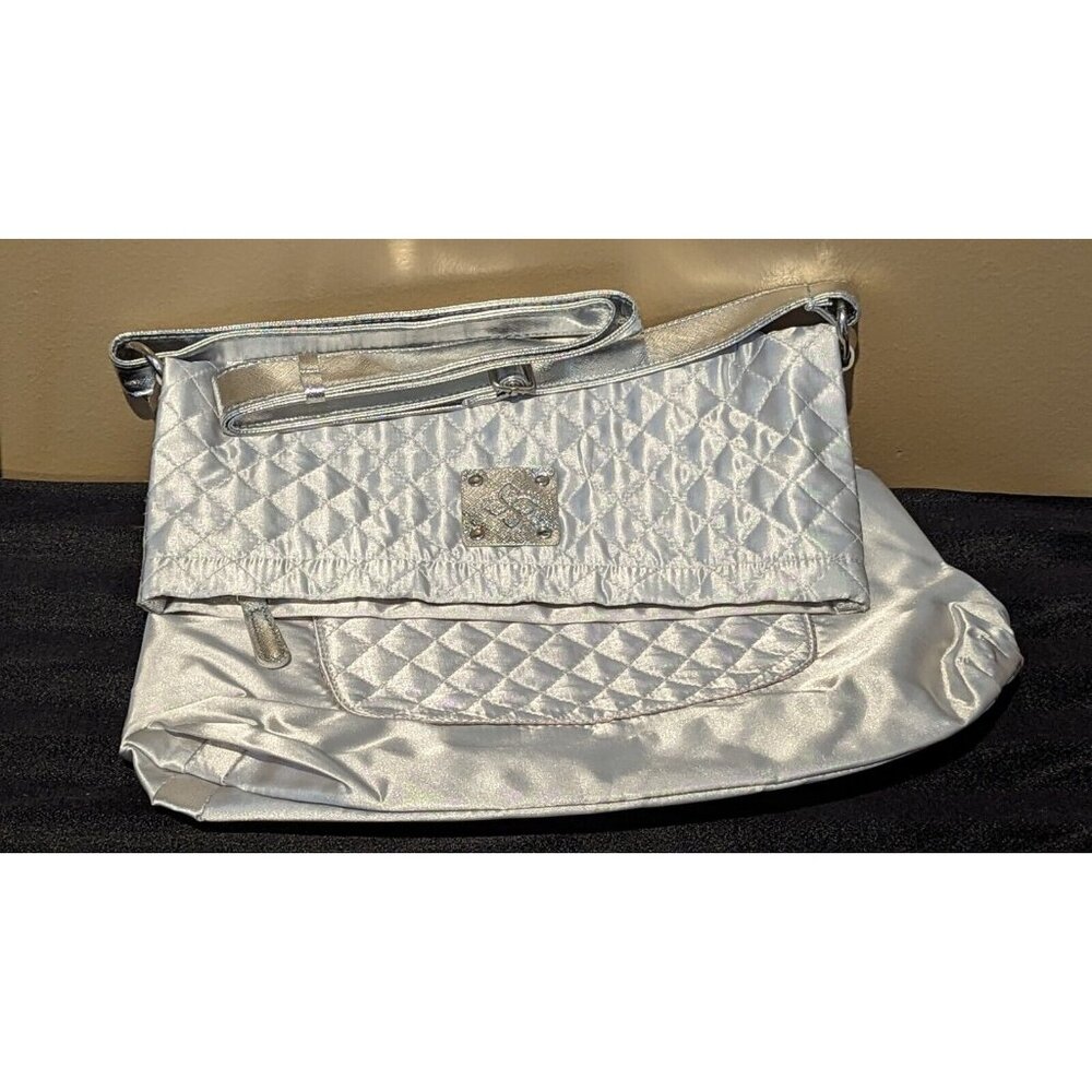 Y2K Vintage Silver Purse Shiny Quilted Handbag Tote Cosmetic Bag HSN Crossbody